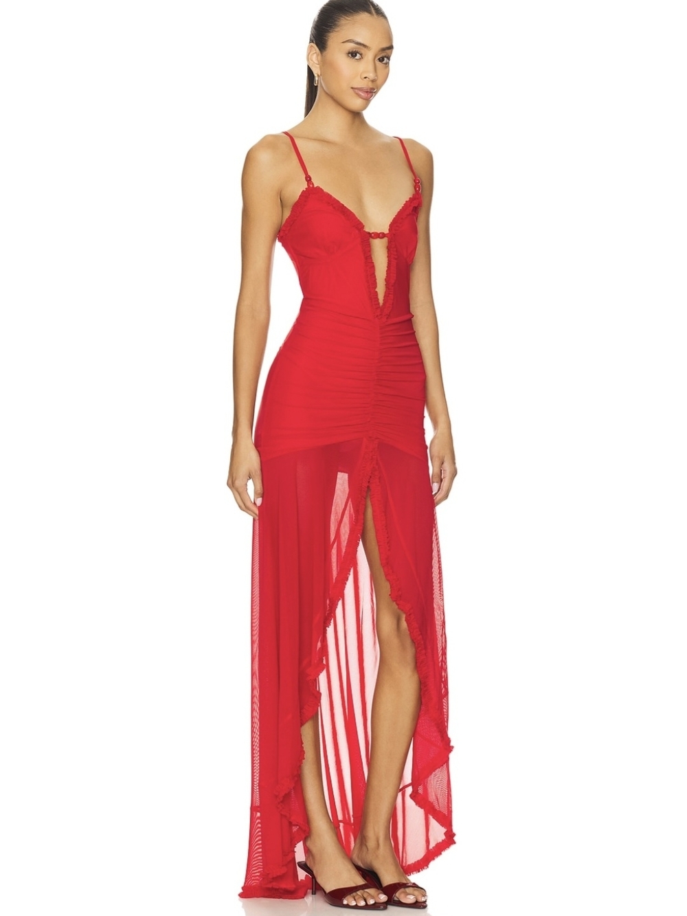 Sultry Red High-Low Mesh Maxi Dress with Ruched Bodice